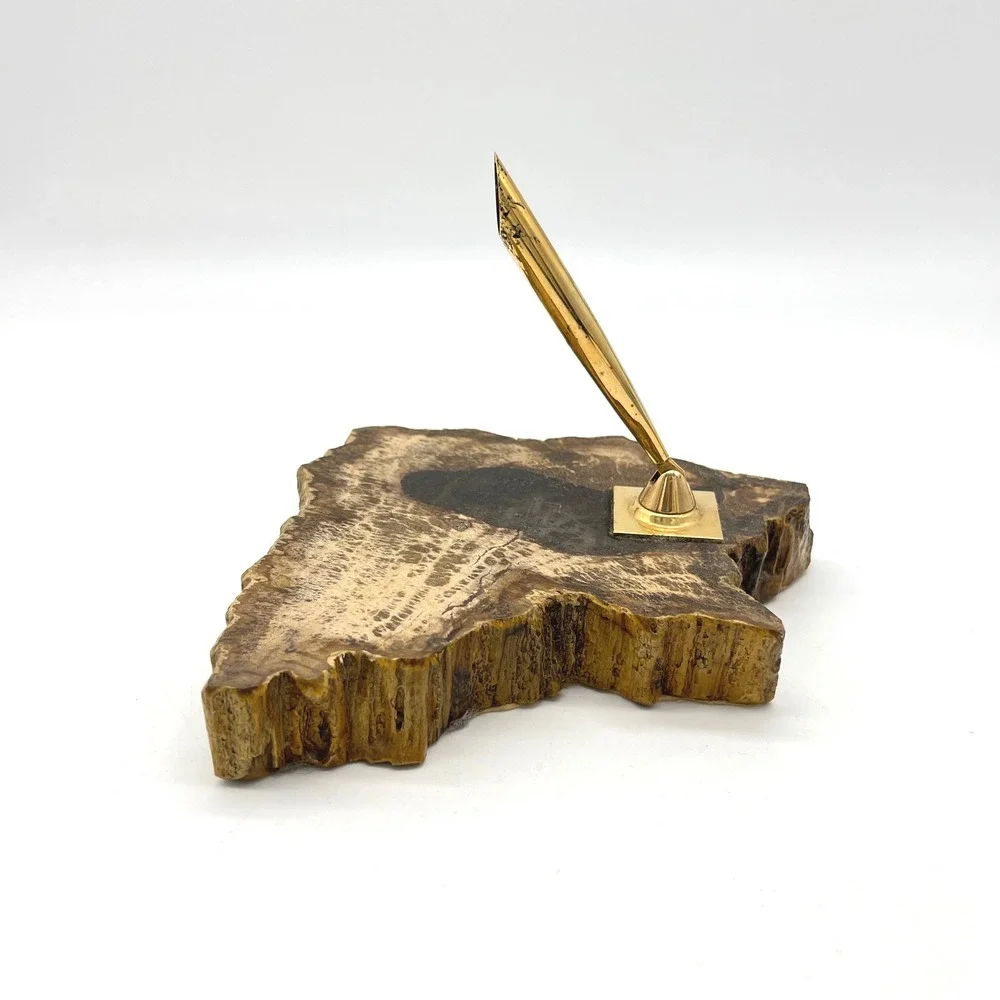 Vintage Petrified Wood Pen Holder with Gold Tone‎ Nib Holder Desk Accessory